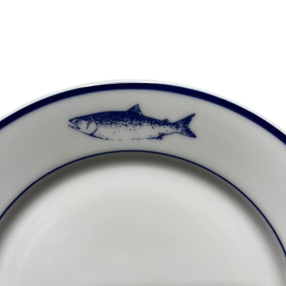 (1) 10 Strawberry Street 7.5" Dessert Plate Fish/Salmon Pattern White Navy Blue - Picture 2 of 6